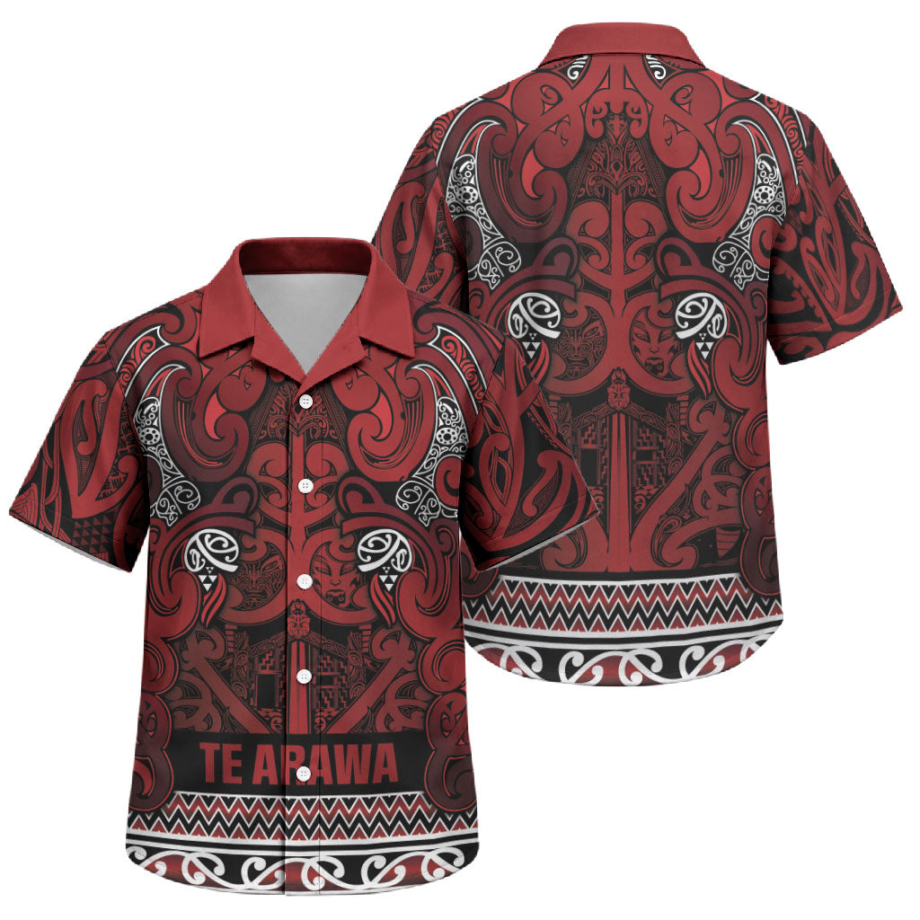 Aotearoa Iwi Te Arawa Family Matching Mermaid Dress and Hawaiian Shirt Maori Wharenui House Tribal Pattern LT9 Son's Shirt Dark Red - Polynesian Pride
