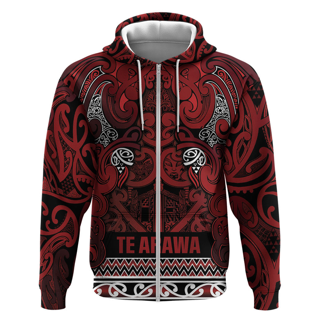 Aotearoa Iwi Te Arawa Hoodie Maori Wharenui House Tribal Pattern LT9 Zip Hoodie Dark Red - Polynesian Pride