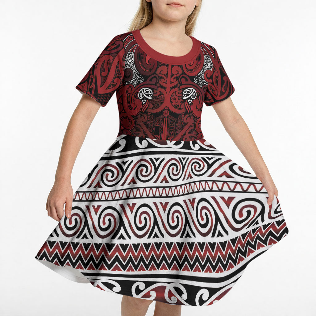 Aotearoa Iwi Te Arawa Kid Short Sleeve Dress Maori Wharenui House Tribal Pattern LT9 - Polynesian Pride