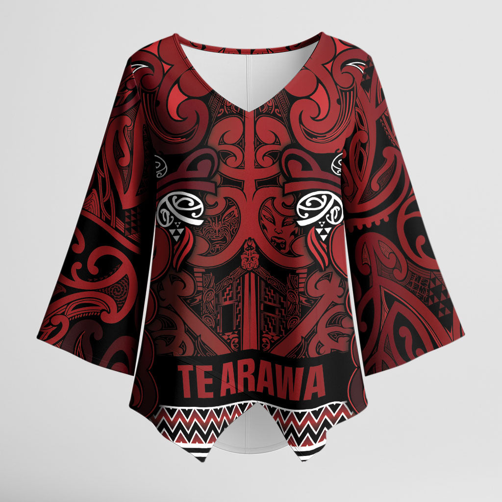 Aotearoa Iwi Te Arawa Kimono Sleeve Blouse Maori Wharenui House Tribal Pattern LT9 Female Dark Red - Polynesian Pride