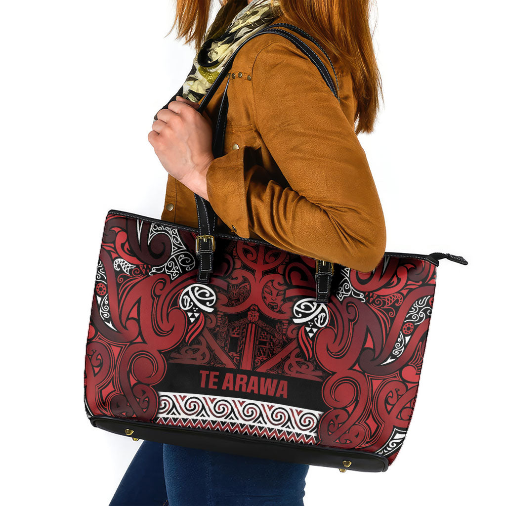 Aotearoa Iwi Te Arawa Leather Tote Bag Maori Wharenui House Tribal Pattern LT9 Dark Red - Polynesian Pride