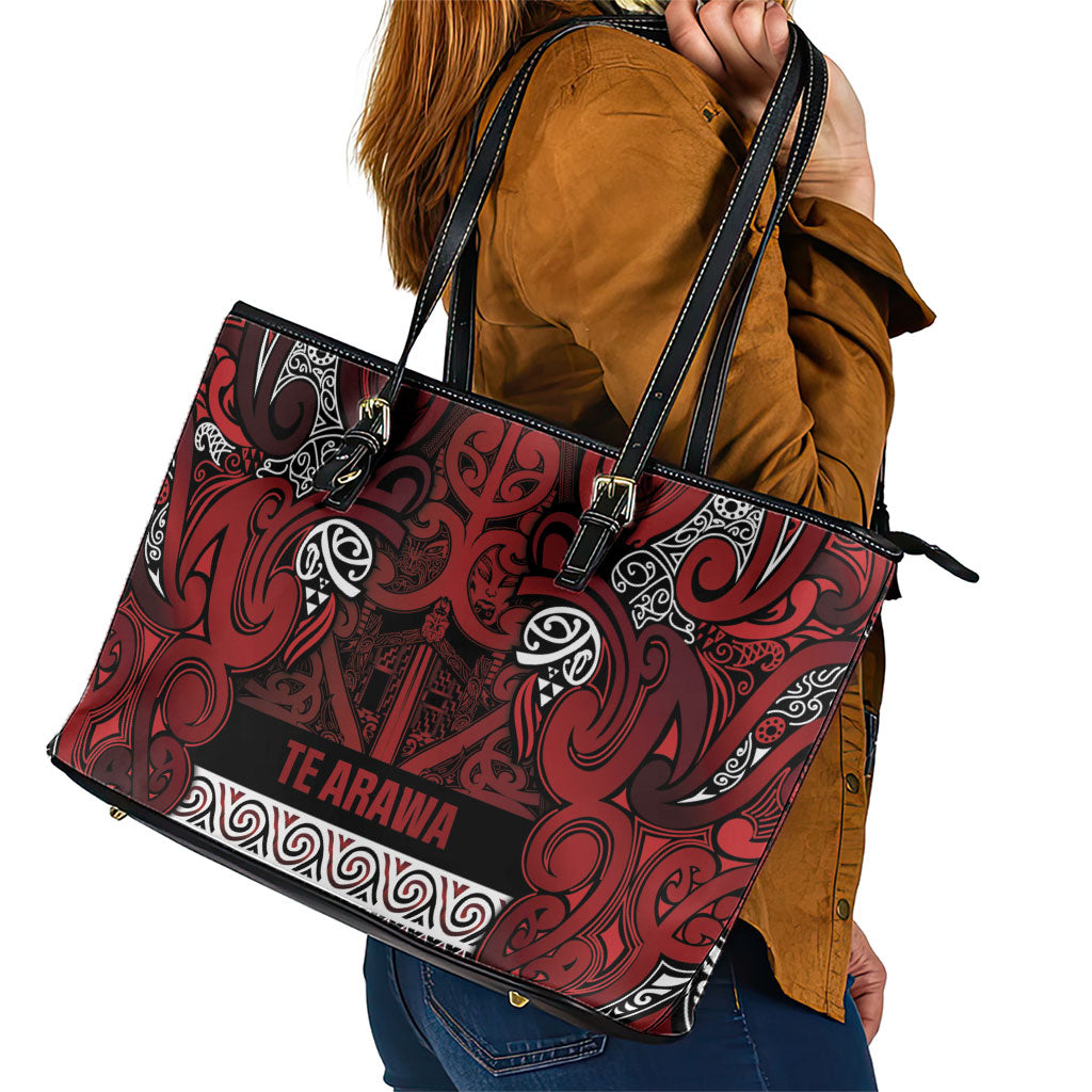 Aotearoa Iwi Te Arawa Leather Tote Bag Maori Wharenui House Tribal Pattern LT9 - Polynesian Pride