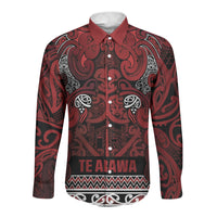 Aotearoa Iwi Te Arawa Long Sleeve Button Shirt Maori Wharenui House Tribal Pattern LT9 Unisex Dark Red - Polynesian Pride