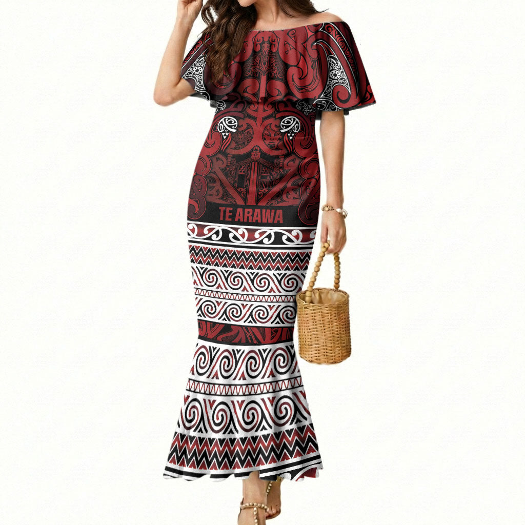Aotearoa Iwi Te Arawa Mermaid Dress Maori Wharenui House Tribal Pattern LT9 Women Dark Red - Polynesian Pride