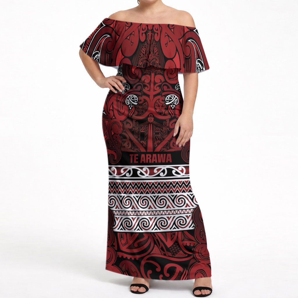 Aotearoa Iwi Te Arawa Off Shoulder Maxi Dress Maori Wharenui House Tribal Pattern LT9 Women Dark Red - Polynesian Pride