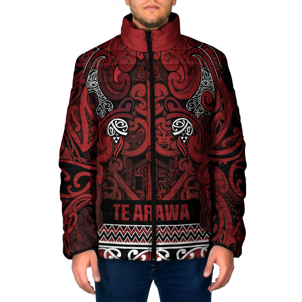Aotearoa Iwi Te Arawa Padded Jacket Maori Wharenui House Tribal Pattern LT9 Men Dark Red - Polynesian Pride