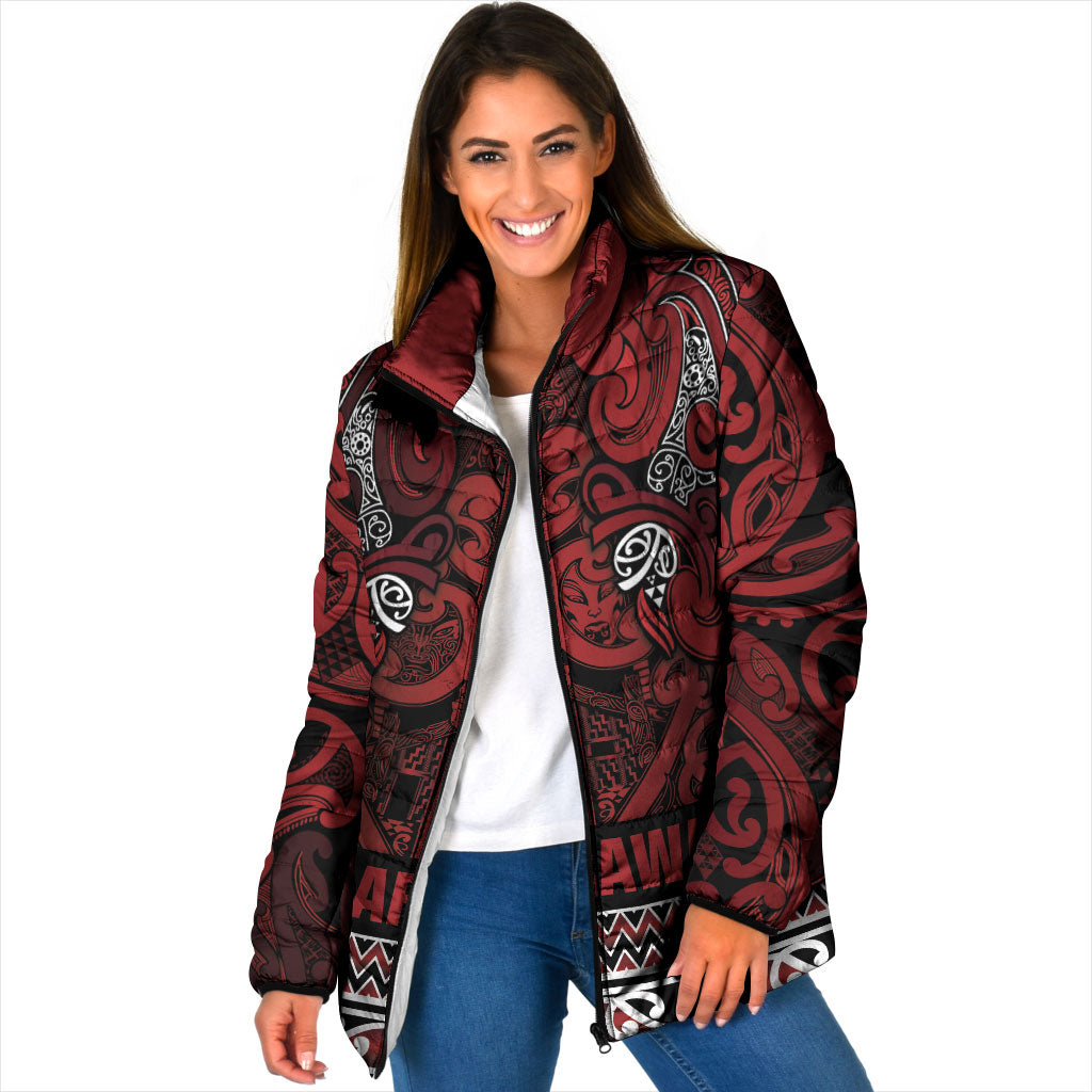 Aotearoa Iwi Te Arawa Padded Jacket Maori Wharenui House Tribal Pattern LT9 Women Dark Red - Polynesian Pride