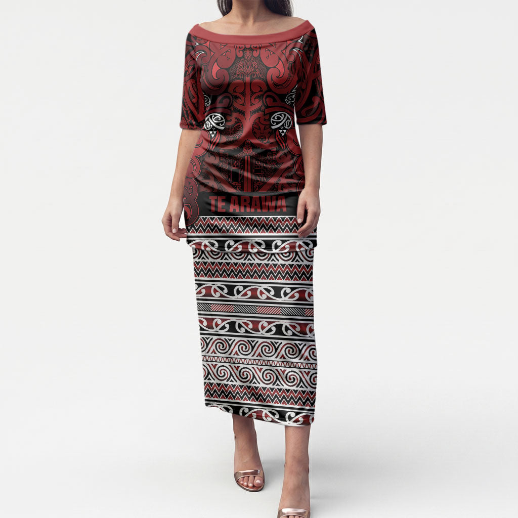Aotearoa Iwi Te Arawa Puletasi Maori Wharenui House Tribal Pattern LT9 Long Dress Dark Red - Polynesian Pride