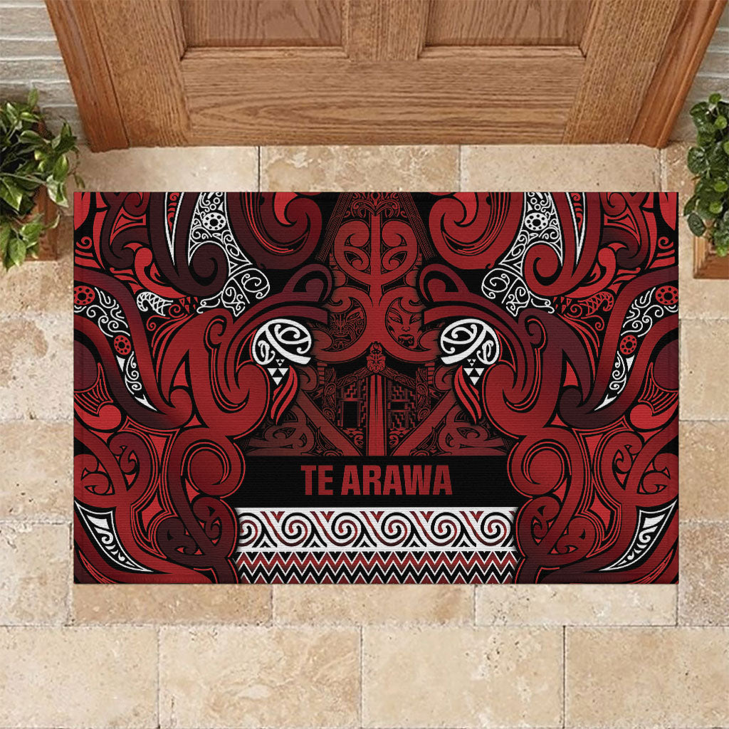 Aotearoa Iwi Te Arawa Rubber Doormat Maori Wharenui House Tribal Pattern LT9 Dark Red - Polynesian Pride