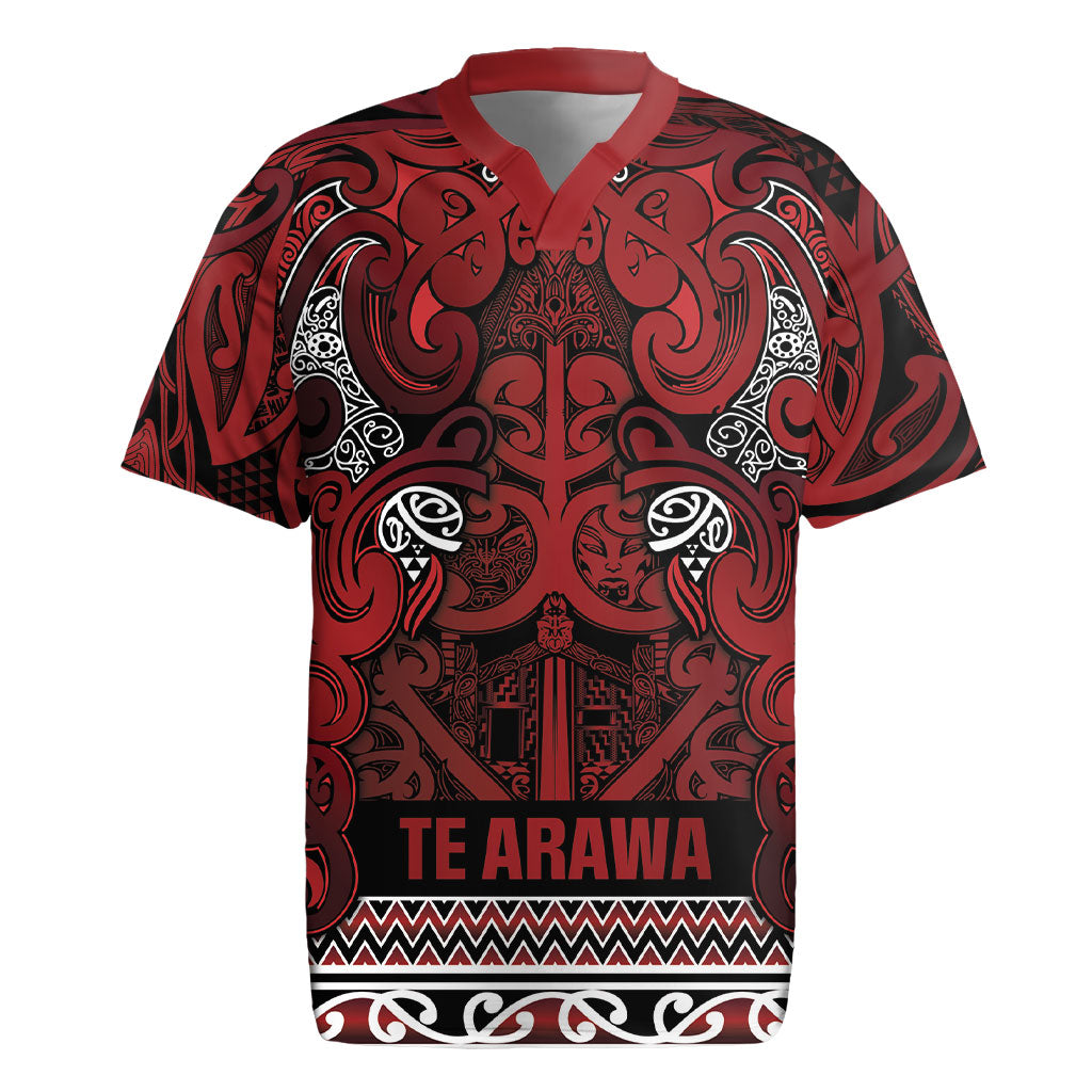 Aotearoa Iwi Te Arawa Rugby Jersey Maori Wharenui House Tribal Pattern LT9 Dark Red - Polynesian Pride