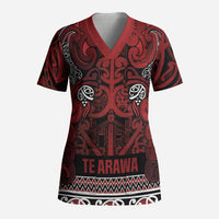 Aotearoa Iwi Te Arawa Scrub Top Maori Wharenui House Tribal Pattern LT9 Adult Dark Red - Polynesian Pride
