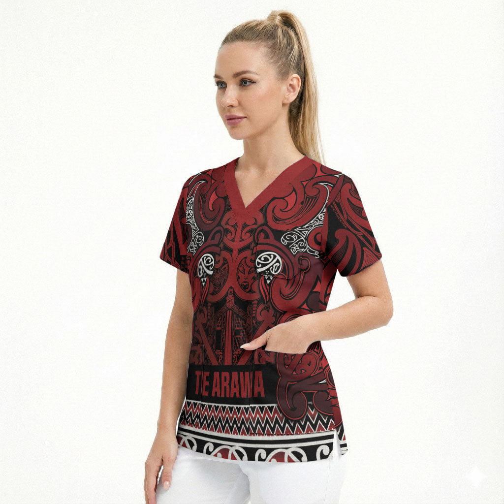 Aotearoa Iwi Te Arawa Scrub Top Maori Wharenui House Tribal Pattern LT9 - Polynesian Pride