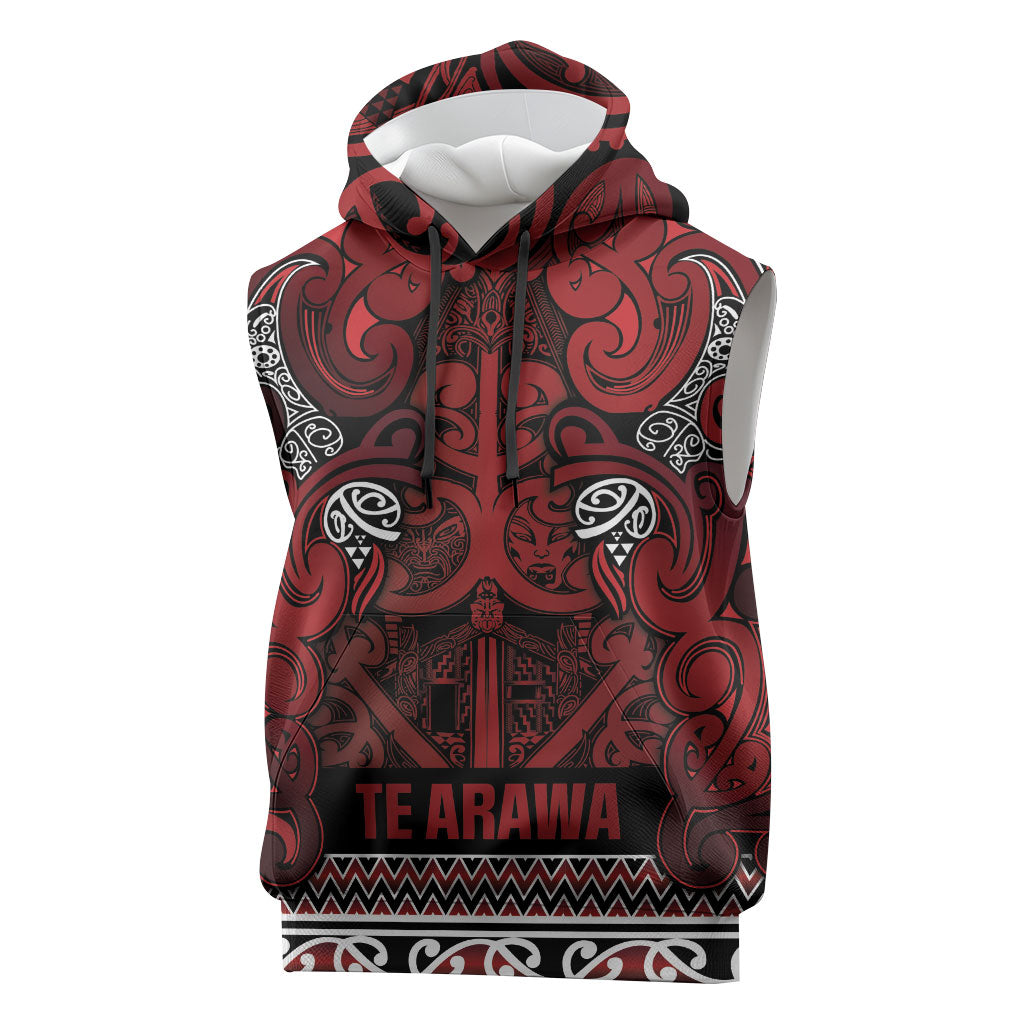 Aotearoa Iwi Te Arawa Sleeveless Hoodie Maori Wharenui House Tribal Pattern LT9 Dark Red - Polynesian Pride