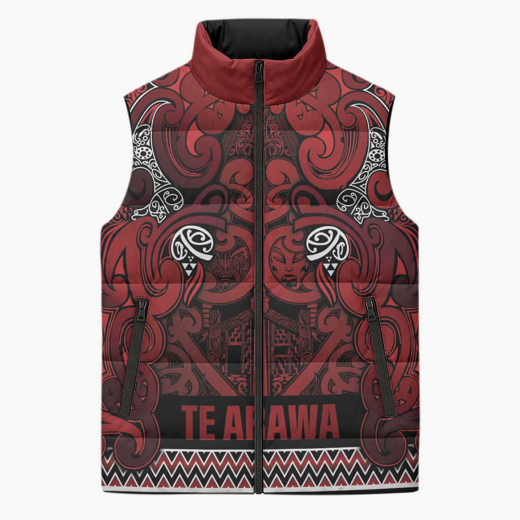 Aotearoa Iwi Te Arawa Sleeveless Puffer Jacket Maori Wharenui House Tribal Pattern LT9 Unisex Dark Red - Polynesian Pride