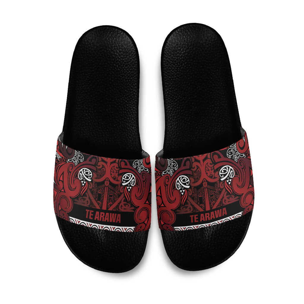 Aotearoa Iwi Te Arawa Slide Sandals Maori Wharenui House Tribal Pattern LT9 Dark Red - Polynesian Pride