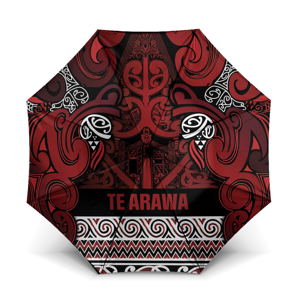 Aotearoa Iwi Te Arawa Umbrella Maori Wharenui House Tribal Pattern LT9 One Size Folded 11.42 inch Opened Diameter 37.4 inch Dark Red - Polynesian Pride