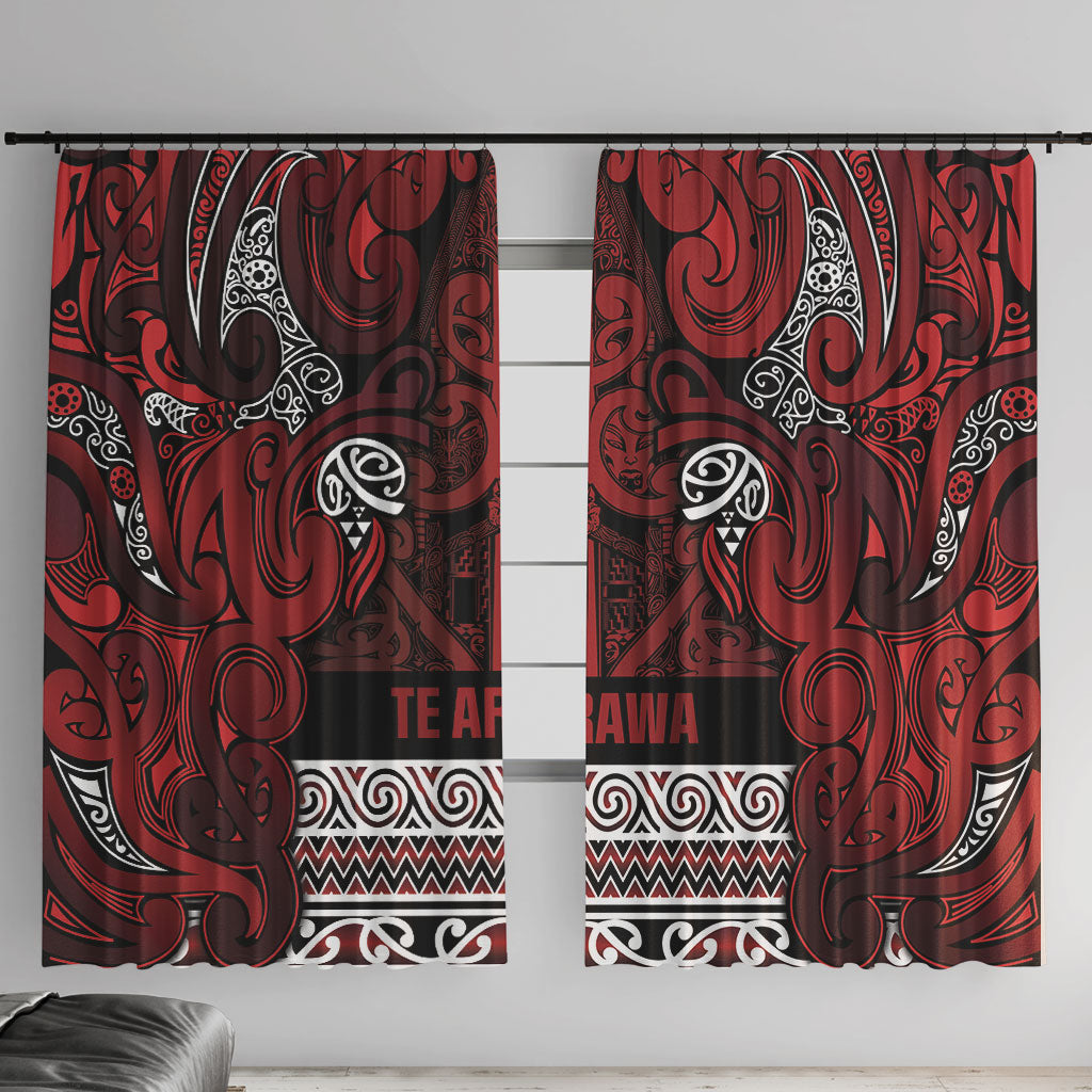 Aotearoa Iwi Te Arawa Window Curtain Maori Wharenui House Tribal Pattern LT9 With Hooks Dark Red - Polynesian Pride