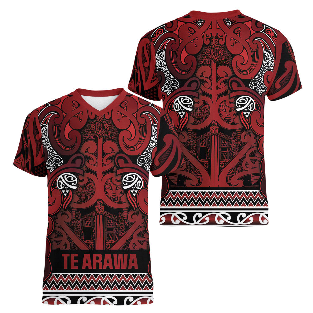 Aotearoa Iwi Te Arawa Women V-Neck T-Shirt Maori Wharenui House Tribal Pattern LT9 - Polynesian Pride