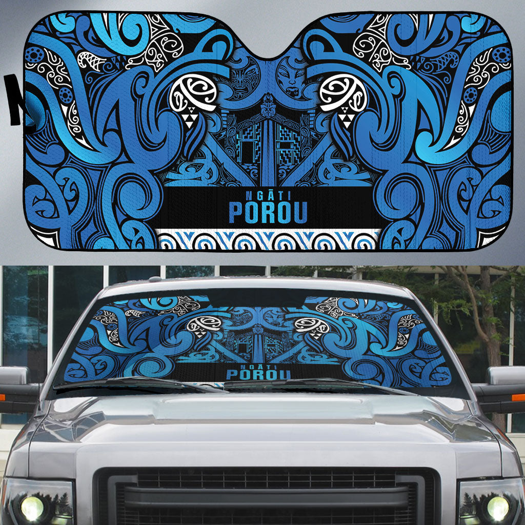Aotearoa Iwi Ngati Porou Auto Sun Shade Maori Wharenui House Tribal Pattern LT9 Blue - Polynesian Pride