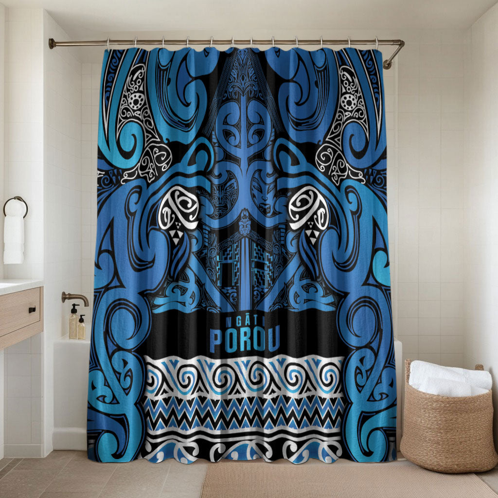 Aotearoa Iwi Ngati Porou Bathroom Set Maori Wharenui House Tribal Pattern LT9 Shower Curtain Only Blue - Polynesian Pride
