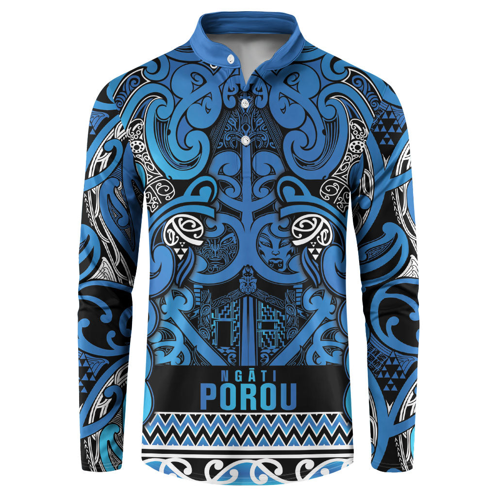Aotearoa Iwi Ngati Porou Button Sweatshirt Maori Wharenui House Tribal Pattern LT9 Blue - Polynesian Pride