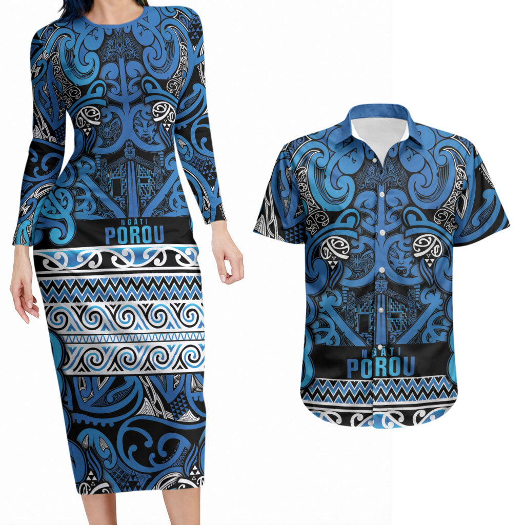 Aotearoa Iwi Ngati Porou Couples Matching Long Sleeve Bodycon Dress and Hawaiian Shirt Maori Wharenui House Tribal Pattern LT9 Blue - Polynesian Pride