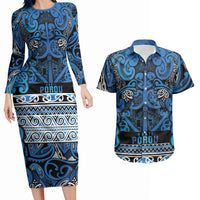 Aotearoa Iwi Ngati Porou Couples Matching Long Sleeve Bodycon Dress and Hawaiian Shirt Maori Wharenui House Tribal Pattern LT9 Blue - Polynesian Pride