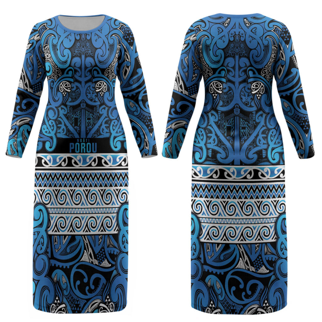 Aotearoa Iwi Ngati Porou Couples Matching Long Sleeve Bodycon Dress and Hawaiian Shirt Maori Wharenui House Tribal Pattern LT9 - Polynesian Pride