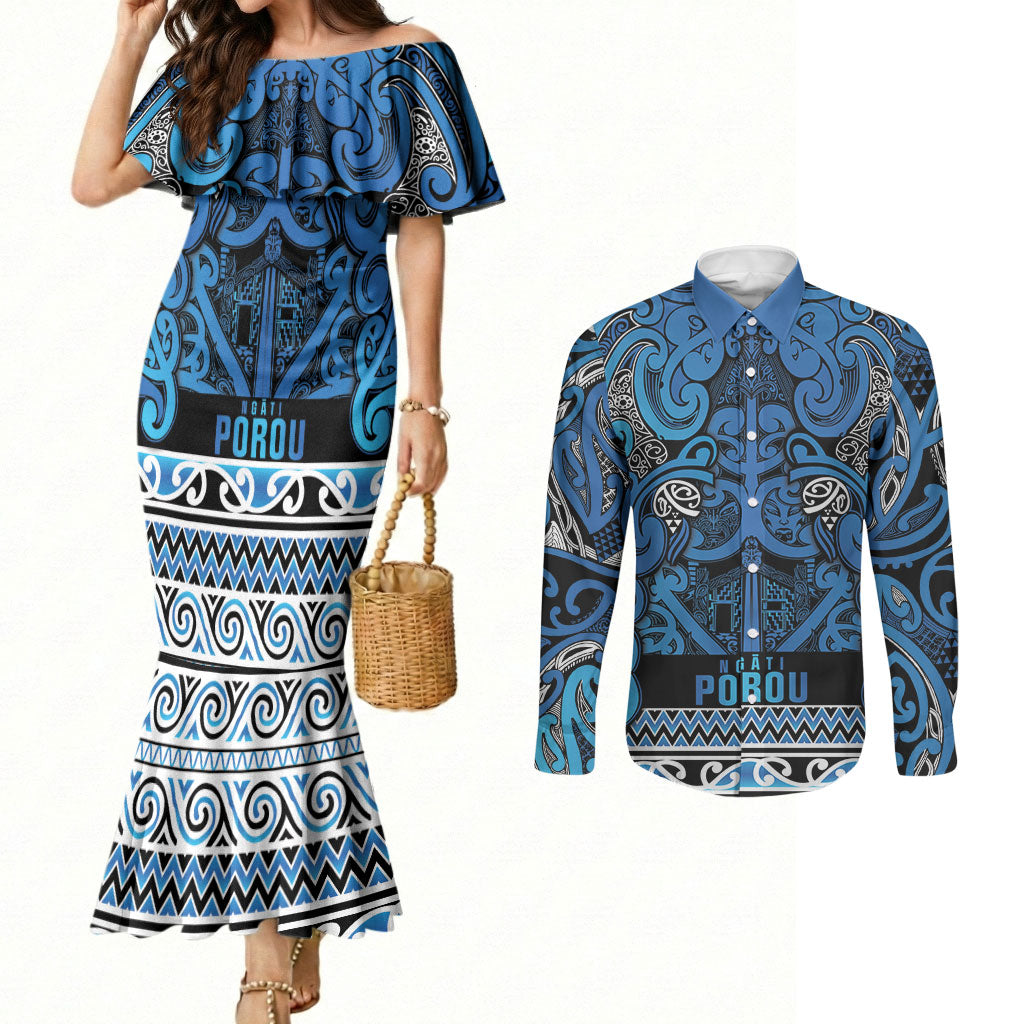 Aotearoa Iwi Ngati Porou Couples Matching Mermaid Dress and Long Sleeve Button Shirt Maori Wharenui House Tribal Pattern LT9 Blue - Polynesian Pride