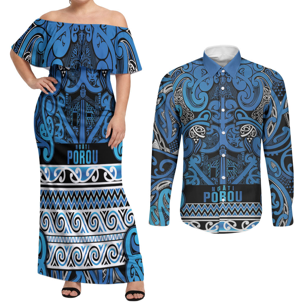 Aotearoa Iwi Ngati Porou Couples Matching Off Shoulder Maxi Dress and Long Sleeve Button Shirt Maori Wharenui House Tribal Pattern LT9 Blue - Polynesian Pride