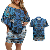 Aotearoa Iwi Ngati Porou Couples Matching Off Shoulder Short Dress and Hawaiian Shirt Maori Wharenui House Tribal Pattern LT9 Blue - Polynesian Pride