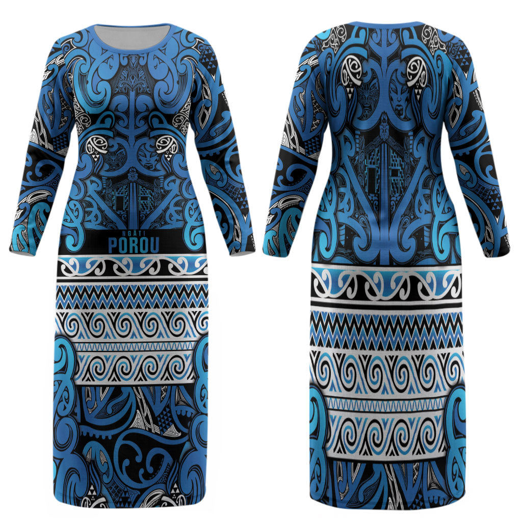 Aotearoa Iwi Ngati Porou Family Matching Long Sleeve Bodycon Dress and Hawaiian Shirt Maori Wharenui House Tribal Pattern LT9 Mom's Dress Blue - Polynesian Pride
