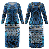 Aotearoa Iwi Ngati Porou Family Matching Long Sleeve Bodycon Dress and Hawaiian Shirt Maori Wharenui House Tribal Pattern LT9 Mom's Dress Blue - Polynesian Pride