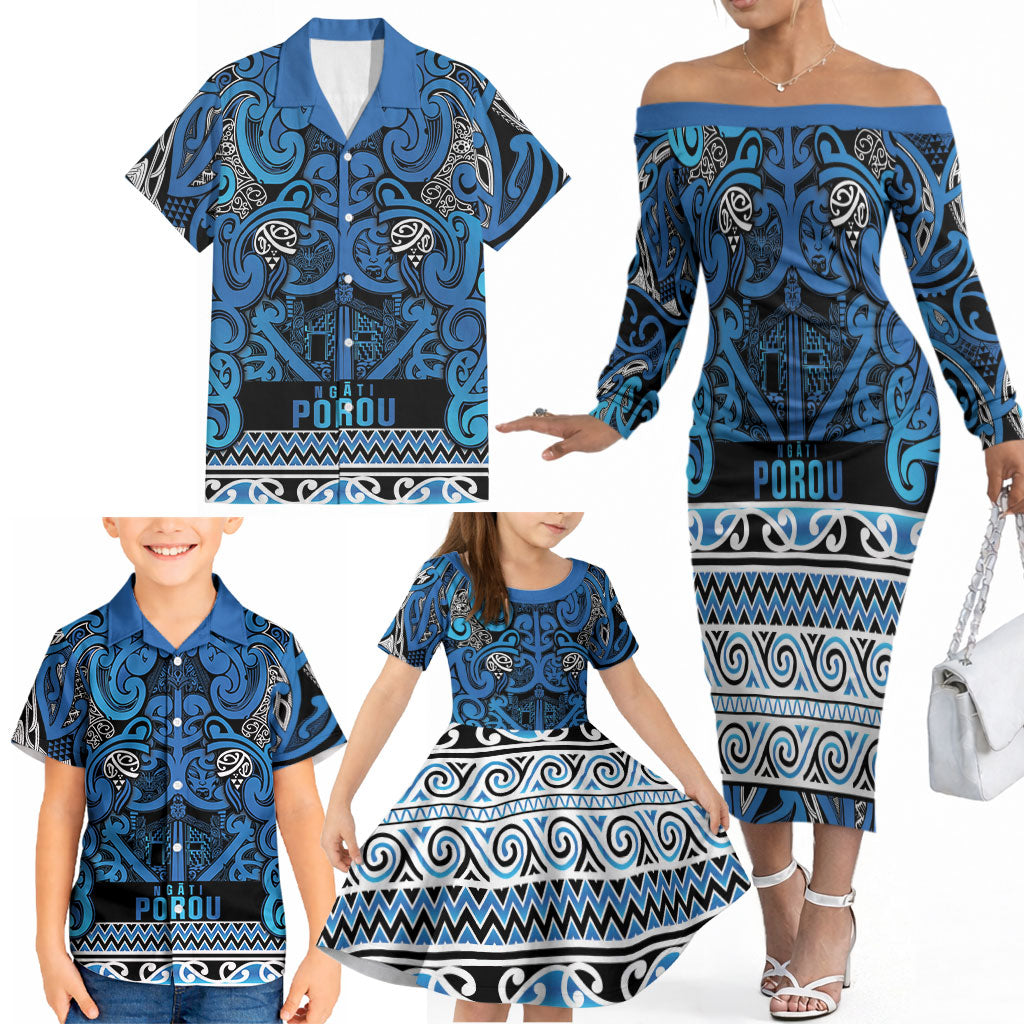 Aotearoa Iwi Ngati Porou Family Matching Off The Shoulder Long Sleeve Dress and Hawaiian Shirt Maori Wharenui House Tribal Pattern LT9 - Polynesian Pride