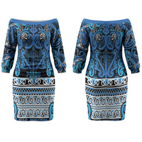 Aotearoa Iwi Ngati Porou Family Matching Off The Shoulder Long Sleeve Dress and Hawaiian Shirt Maori Wharenui House Tribal Pattern LT9 Mom's Dress Blue - Polynesian Pride