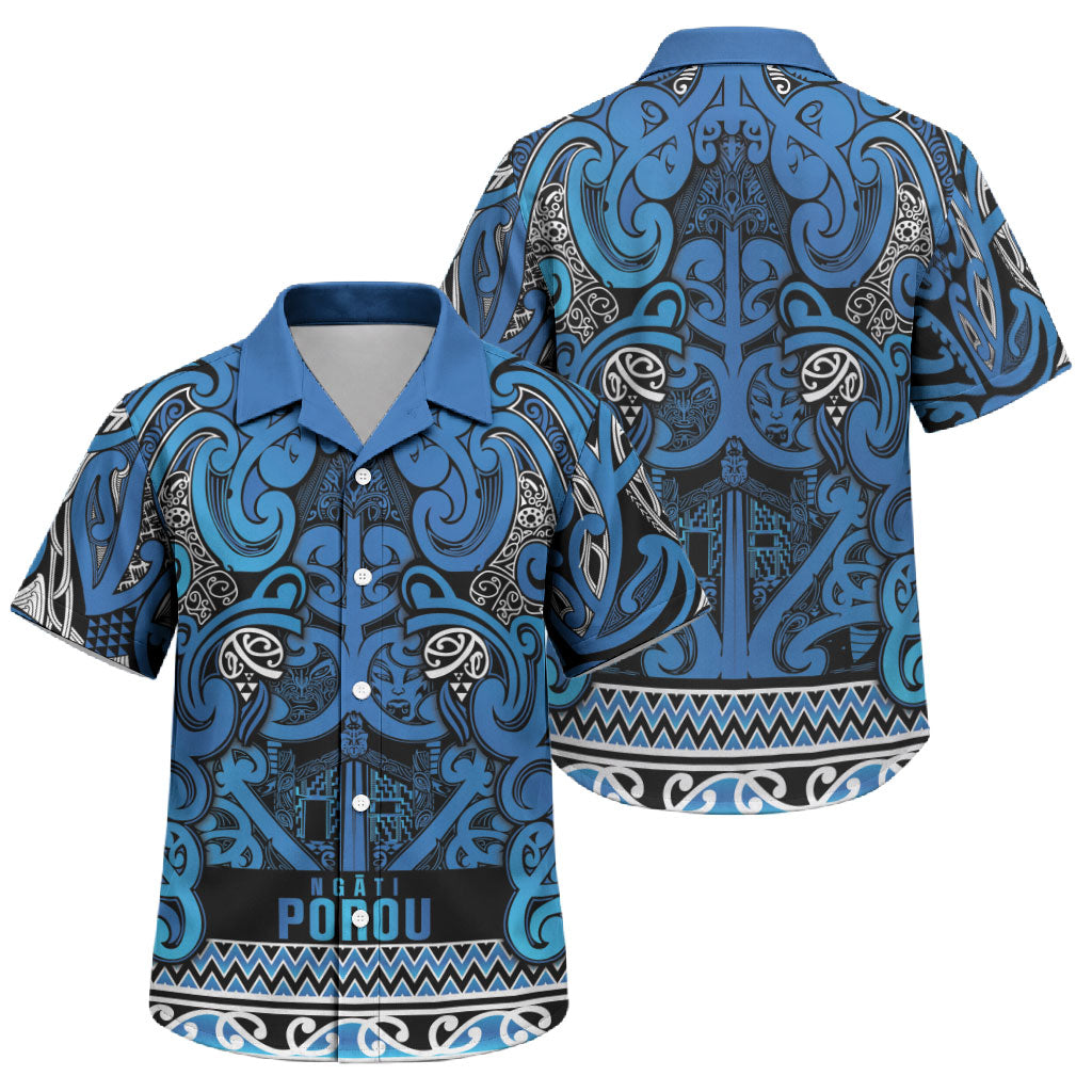 Aotearoa Iwi Ngati Porou Family Matching Off The Shoulder Long Sleeve Dress and Hawaiian Shirt Maori Wharenui House Tribal Pattern LT9 Son's Shirt Blue - Polynesian Pride