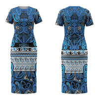 Aotearoa Iwi Ngati Porou Family Matching Short Sleeve Bodycon Dress and Hawaiian Shirt Maori Wharenui House Tribal Pattern LT9 Mom's Dress Blue - Polynesian Pride