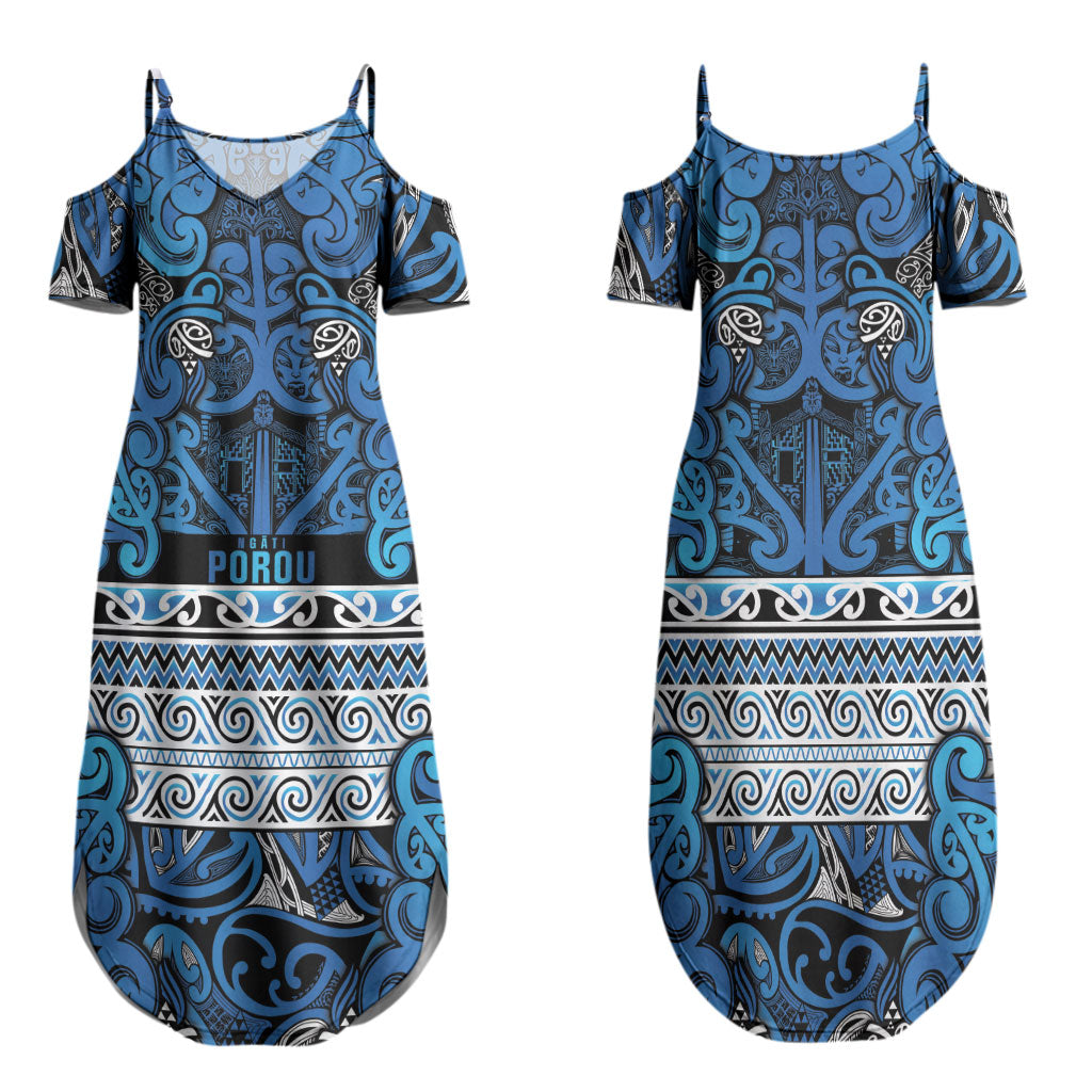 Aotearoa Iwi Ngati Porou Family Matching Summer Maxi Dress and Hawaiian Shirt Maori Wharenui House Tribal Pattern LT9 Mom's Dress Blue - Polynesian Pride