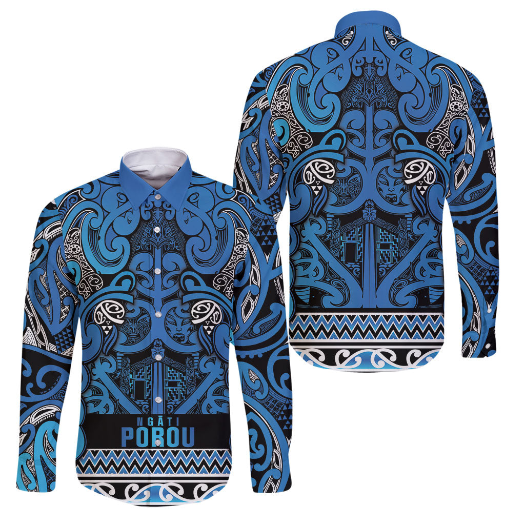 Aotearoa Iwi Ngati Porou Family Matching Summer Maxi Dress and Hawaiian Shirt Maori Wharenui House Tribal Pattern LT9 Dad's Shirt - Long Sleeve Blue - Polynesian Pride
