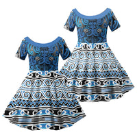 Aotearoa Iwi Ngati Porou Family Matching Summer Maxi Dress and Hawaiian Shirt Maori Wharenui House Tribal Pattern LT9 Daughter's Dress Blue - Polynesian Pride