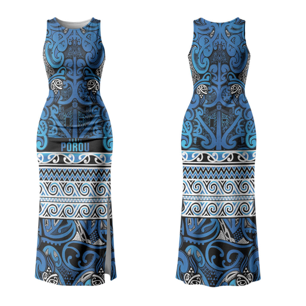 Aotearoa Iwi Ngati Porou Family Matching Tank Maxi Dress and Hawaiian Shirt Maori Wharenui House Tribal Pattern LT9 Mom's Dress Blue - Polynesian Pride