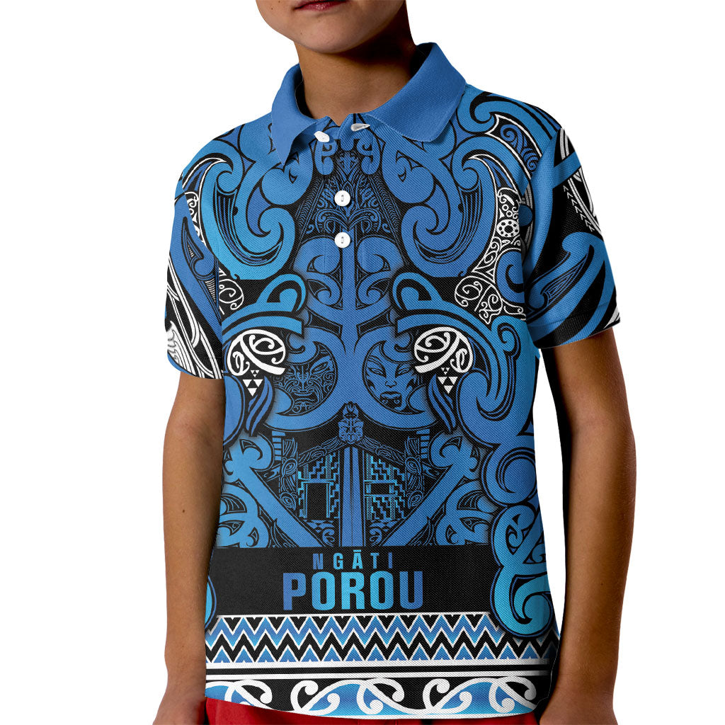 Aotearoa Iwi Ngati Porou Kid Polo Shirt Maori Wharenui House Tribal Pattern LT9 Kid Blue - Polynesian Pride