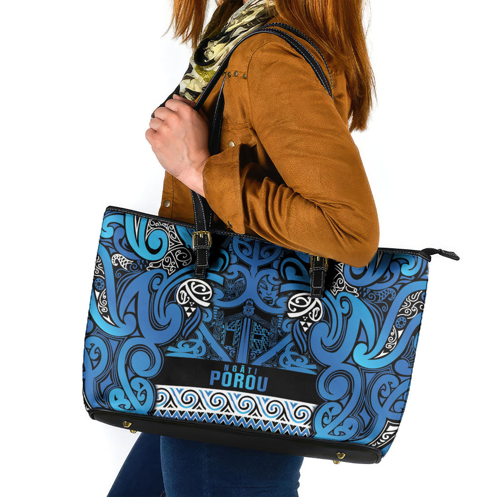 Aotearoa Iwi Ngati Porou Leather Tote Bag Maori Wharenui House Tribal Pattern LT9 Blue - Polynesian Pride