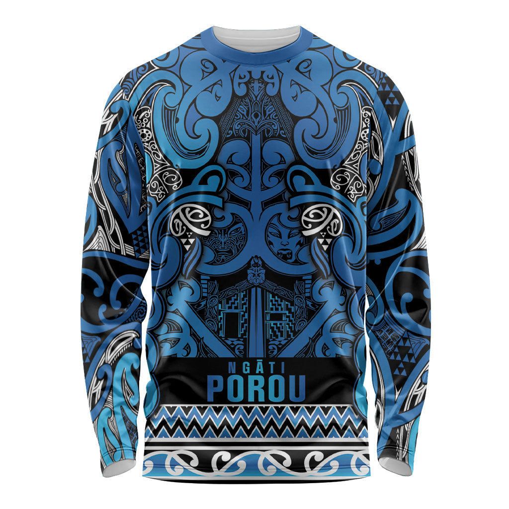 Aotearoa Iwi Ngati Porou Long Sleeve Shirt Maori Wharenui House Tribal Pattern LT9 Unisex Blue - Polynesian Pride