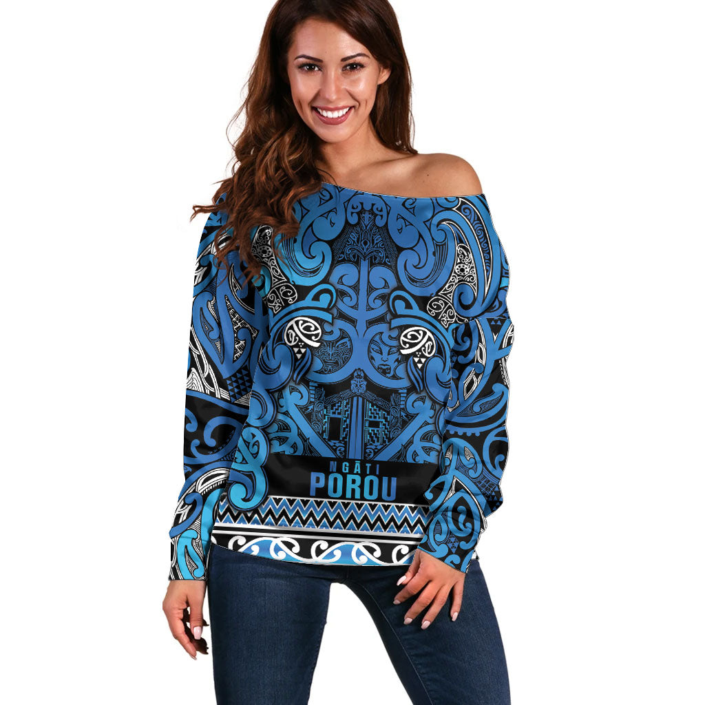 Aotearoa Iwi Ngati Porou Off Shoulder Sweater Maori Wharenui House Tribal Pattern LT9 Women Blue - Polynesian Pride