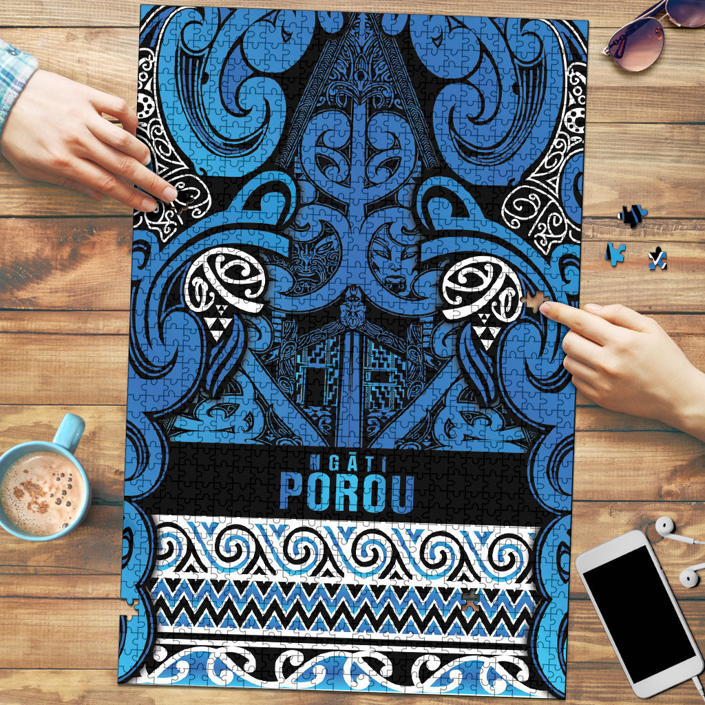 Aotearoa Iwi Ngati Porou Puzzle Maori Wharenui House Tribal Pattern LT9 Blue - Polynesian Pride