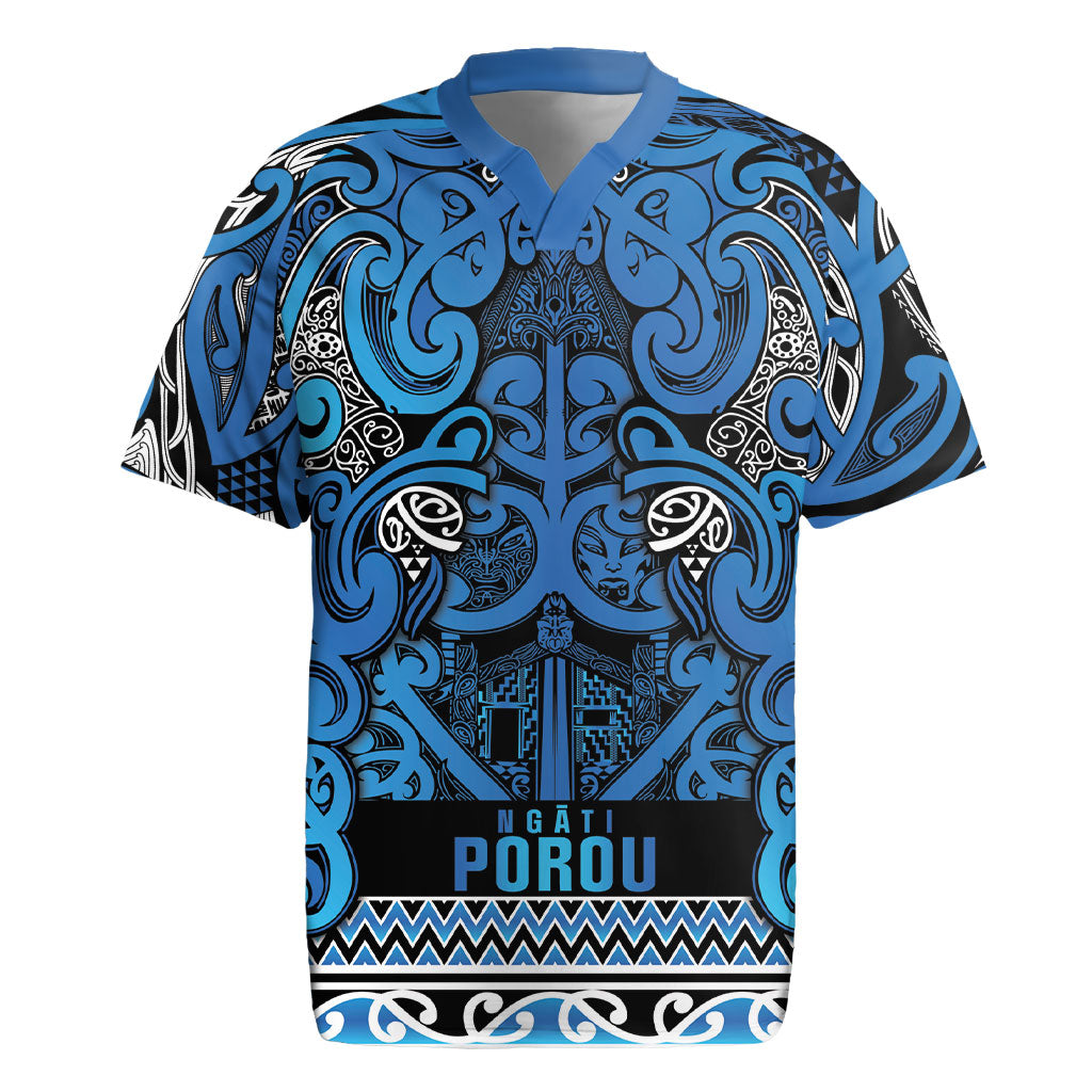 Aotearoa Iwi Ngati Porou Rugby Jersey Maori Wharenui House Tribal Pattern LT9 Blue - Polynesian Pride