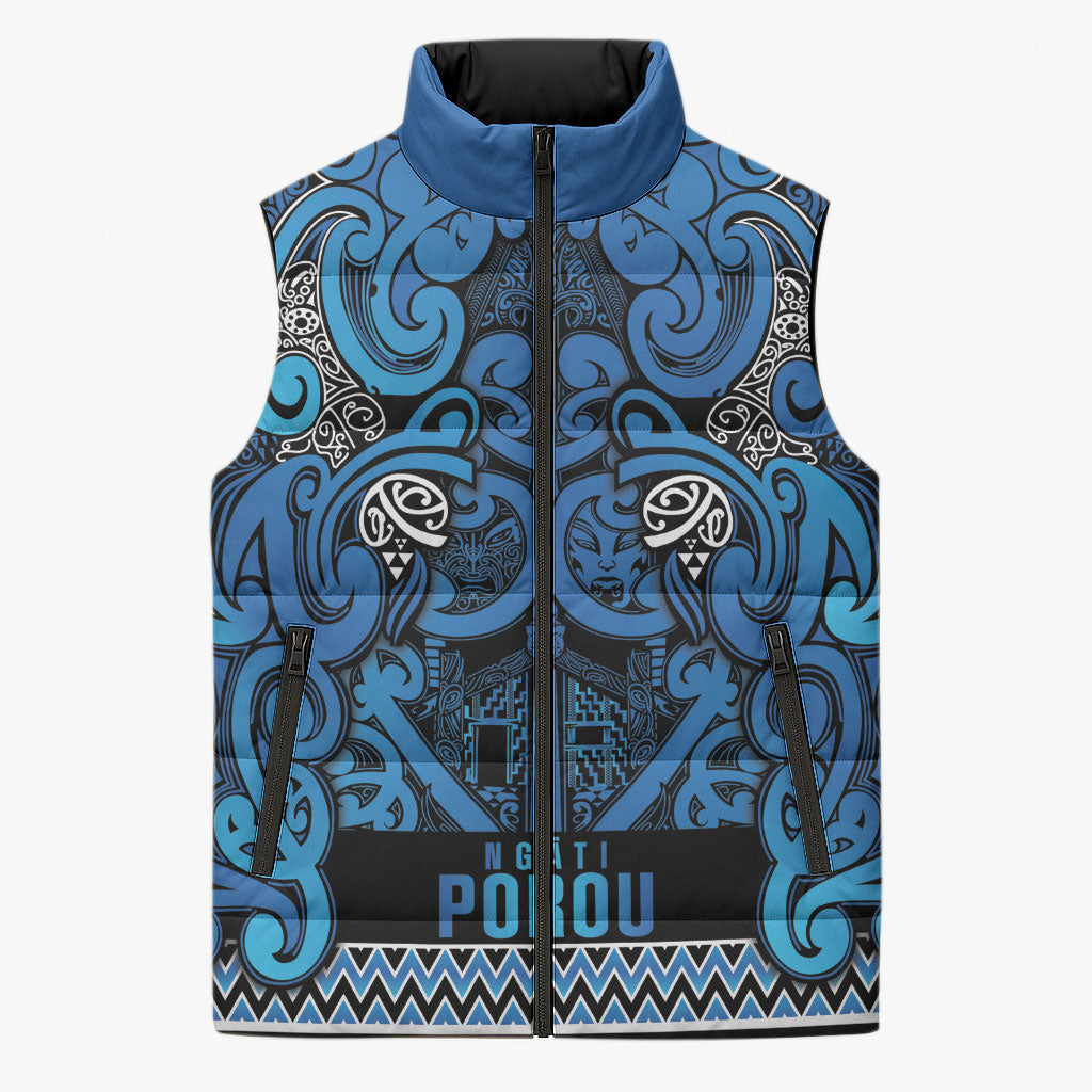 Aotearoa Iwi Ngati Porou Sleeveless Puffer Jacket Maori Wharenui House Tribal Pattern LT9 Unisex Blue - Polynesian Pride