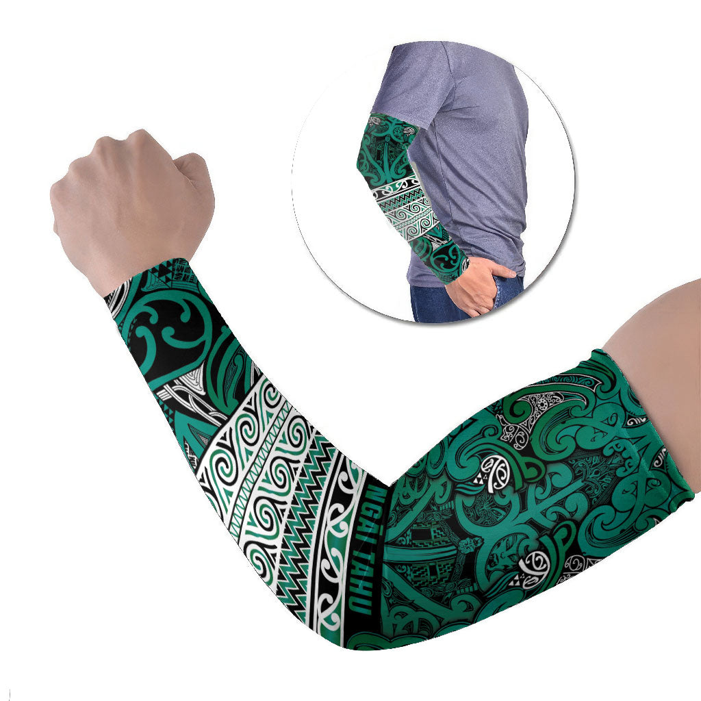 Aotearoa Iwi Ngai Tahu Arm Sleeves Maori Wharenui House Tribal Pattern LT9 Set of 2 Turquoise - Polynesian Pride