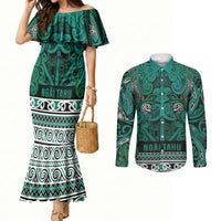 Aotearoa Iwi Ngai Tahu Couples Matching Mermaid Dress and Long Sleeve Button Shirt Maori Wharenui House Tribal Pattern LT9 Turquoise - Polynesian Pride